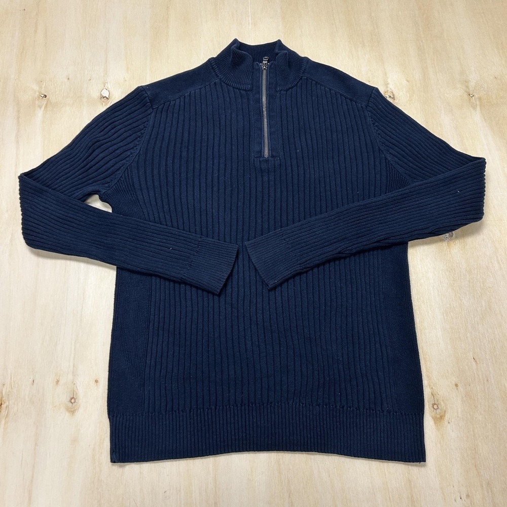 Express Sweater Mens Medium Blue Ribbed Knit 1/4 Zip Mock Neck Pullover Casual